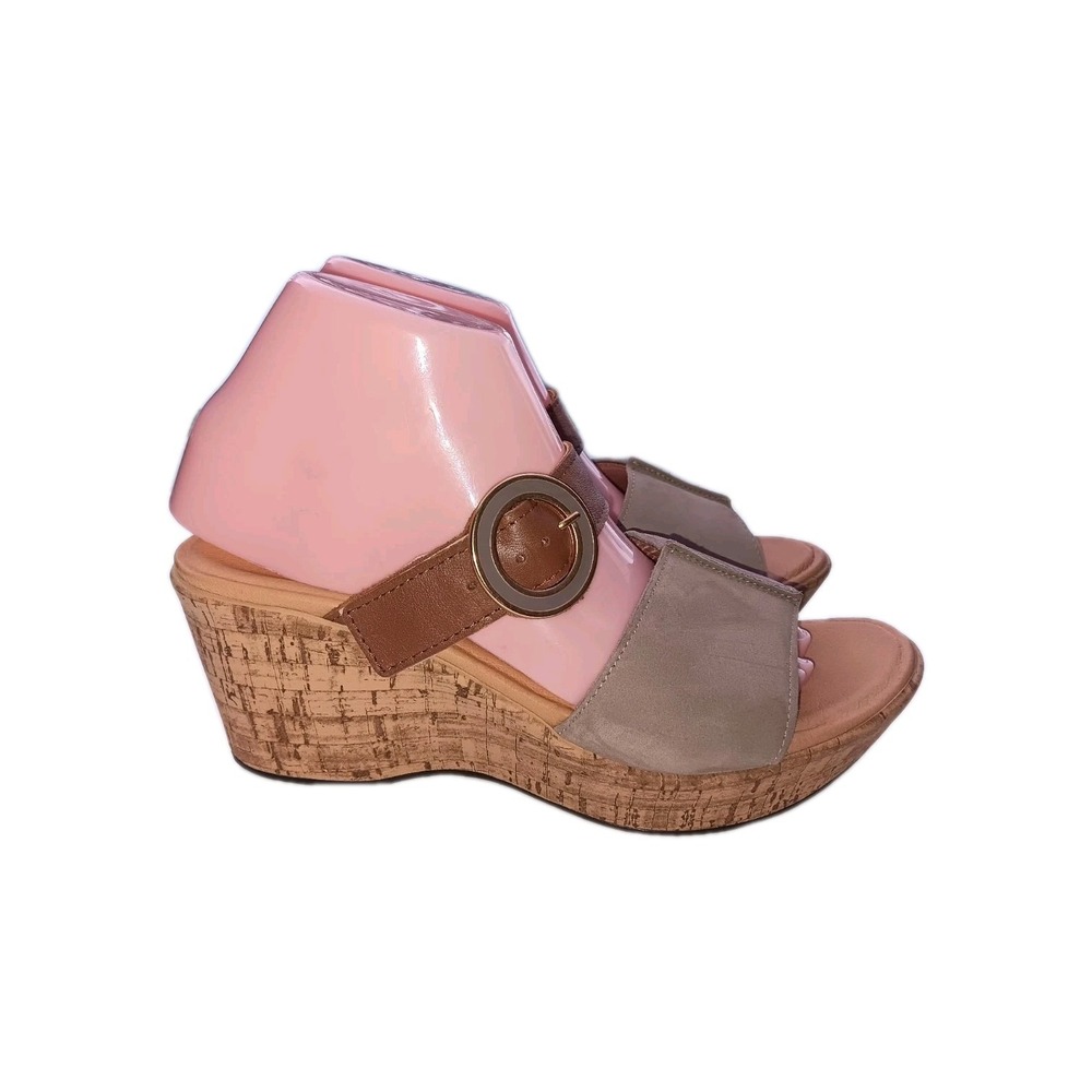 NAOT Women's Breezy Stone Nubuck Caramel Leather Slip-On sz 8 Wedge